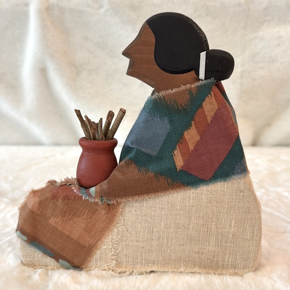 Indian Mexico Folk Art ‘Cactus Blossom’ Wooden Lady Fabric Wrapped Signed 1988